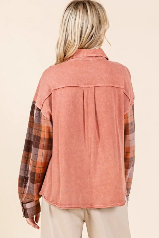 Another view: Button-Down Contrast Plaid Patchwork Shacket