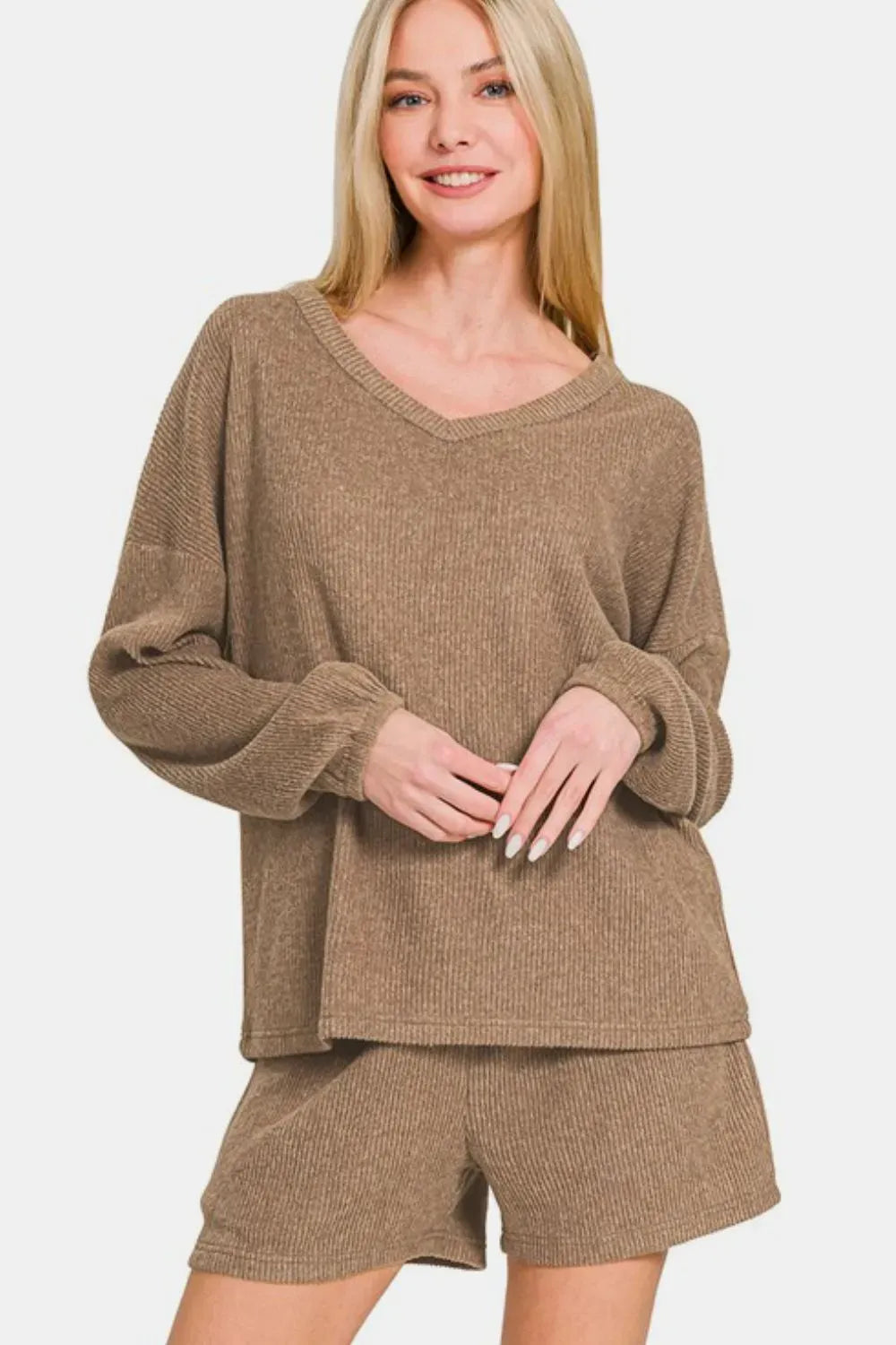V-Neck Long Sleeve Ribbed Top and Shorts Set — Camel — photo 3