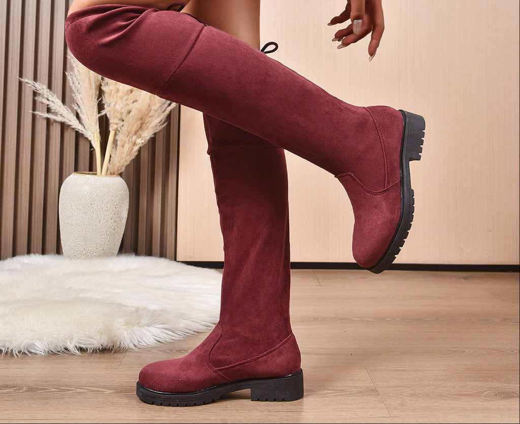 Women's Burgundy Suede Lace-Up Knee High Boots | Chunky Heel Side Zip