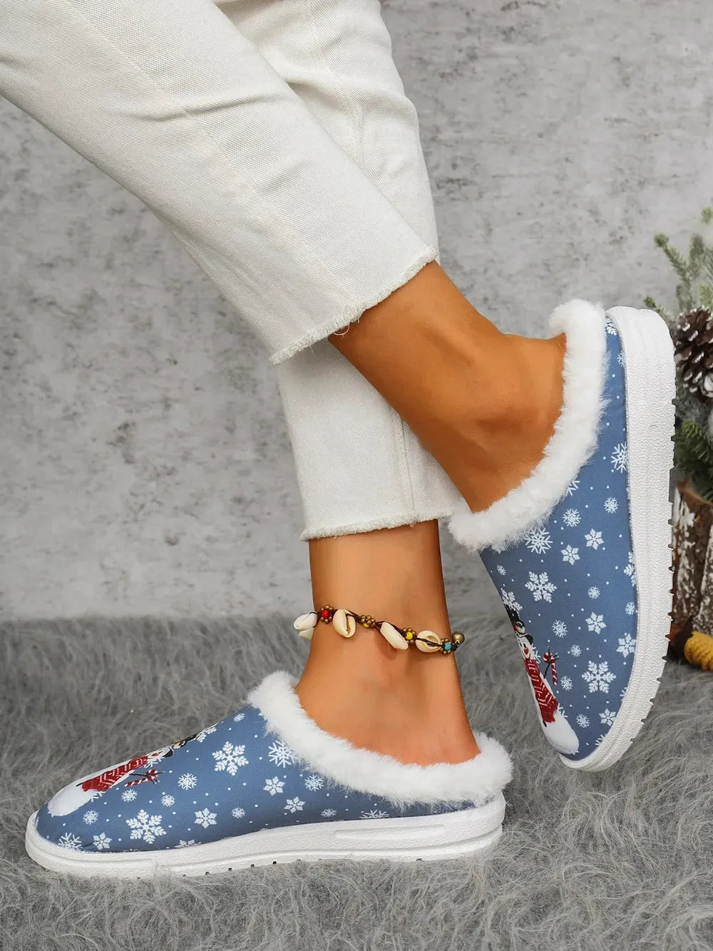 Snowman Print Faux Fur Flat Slippers — photo 4