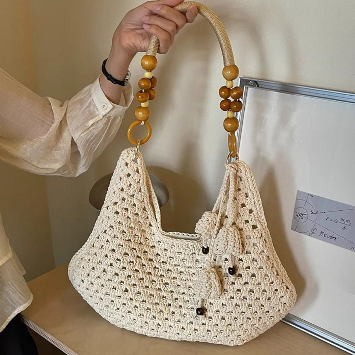 Off-White Crochet Beaded-Strap Shoulder Bag