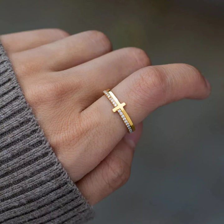 Gold-tone 925 sterling silver cross ring