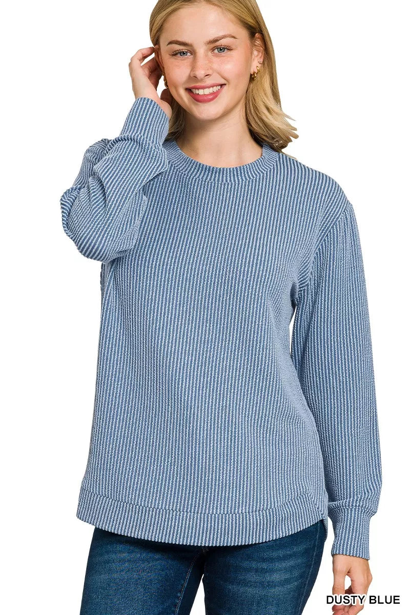 Curve Raised Rib Round Neck Long Sleeve Top — Dusty Blue