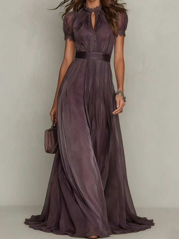 Mock-Neck Chiffon Keyhole Maxi Dress