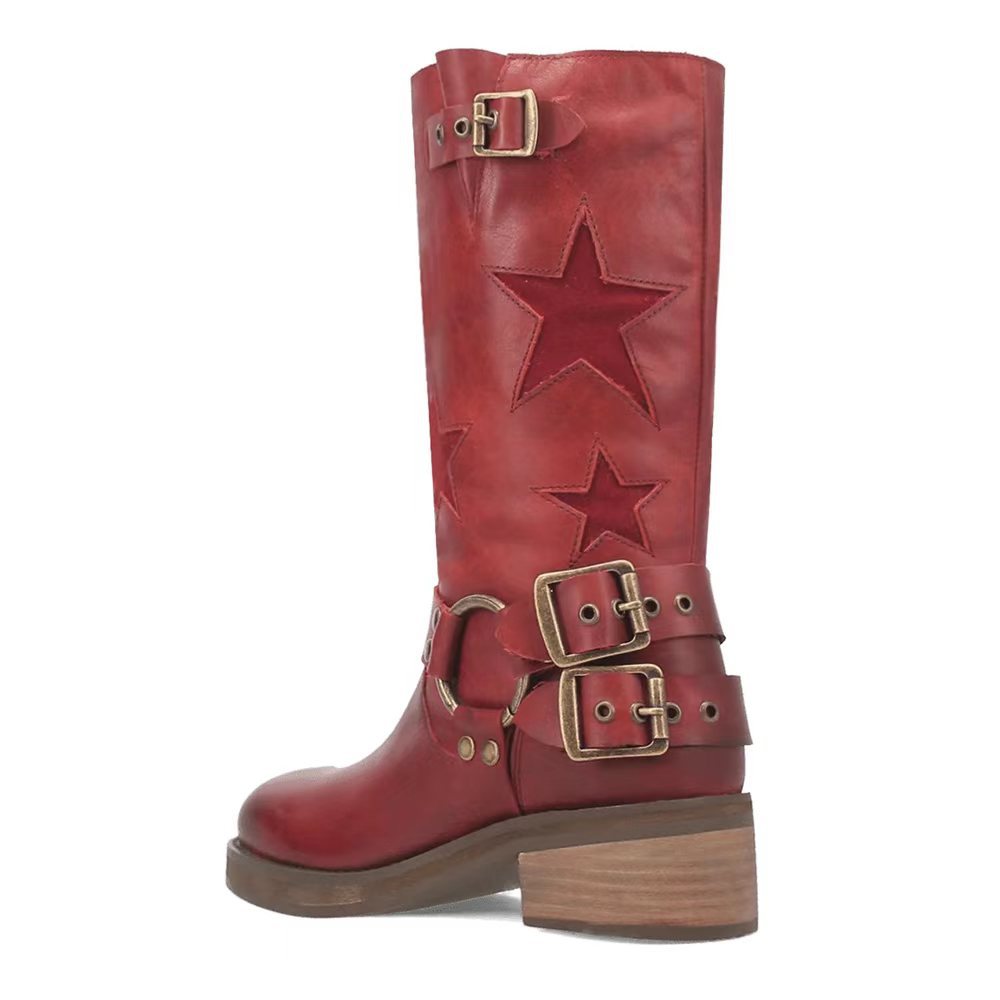 Women's Stitched Belt Buckle Ankle Boots – Chunky Low Heel, Round Toe, Slip-On