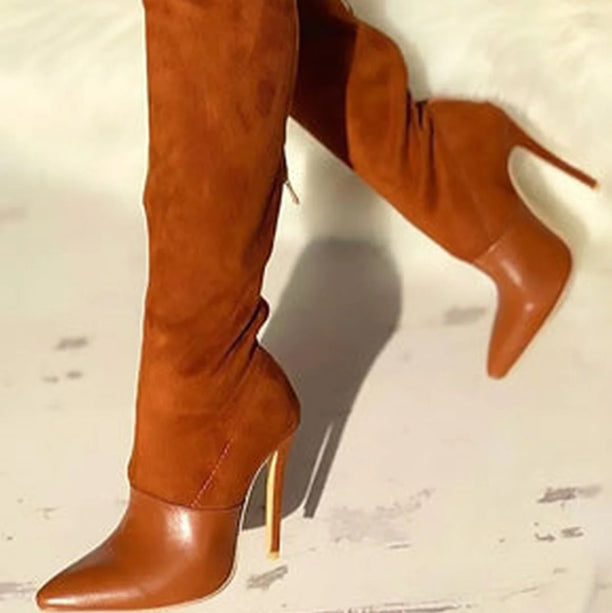 Women's Over-the-Knee Suede Boots - Stiletto Heel Pointed Toe Stretch Boots