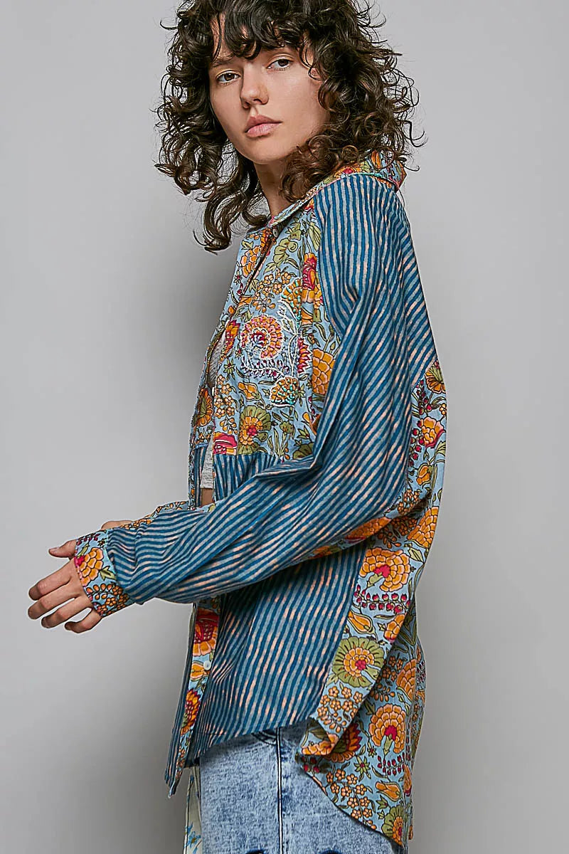 POL Mixed-Print Patchwork Long-Sleeve Shirt