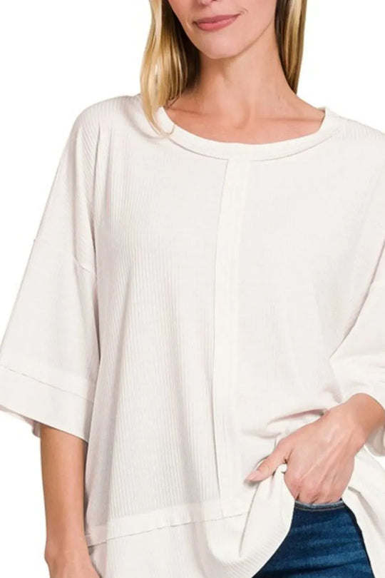Another view: Ribbed Boat Neck 3/4 Sleeve Top — Off White