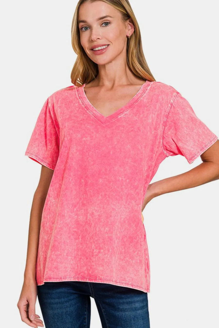 Curve Washed Short Sleeve V-Neck T-Shirt — Strawberry