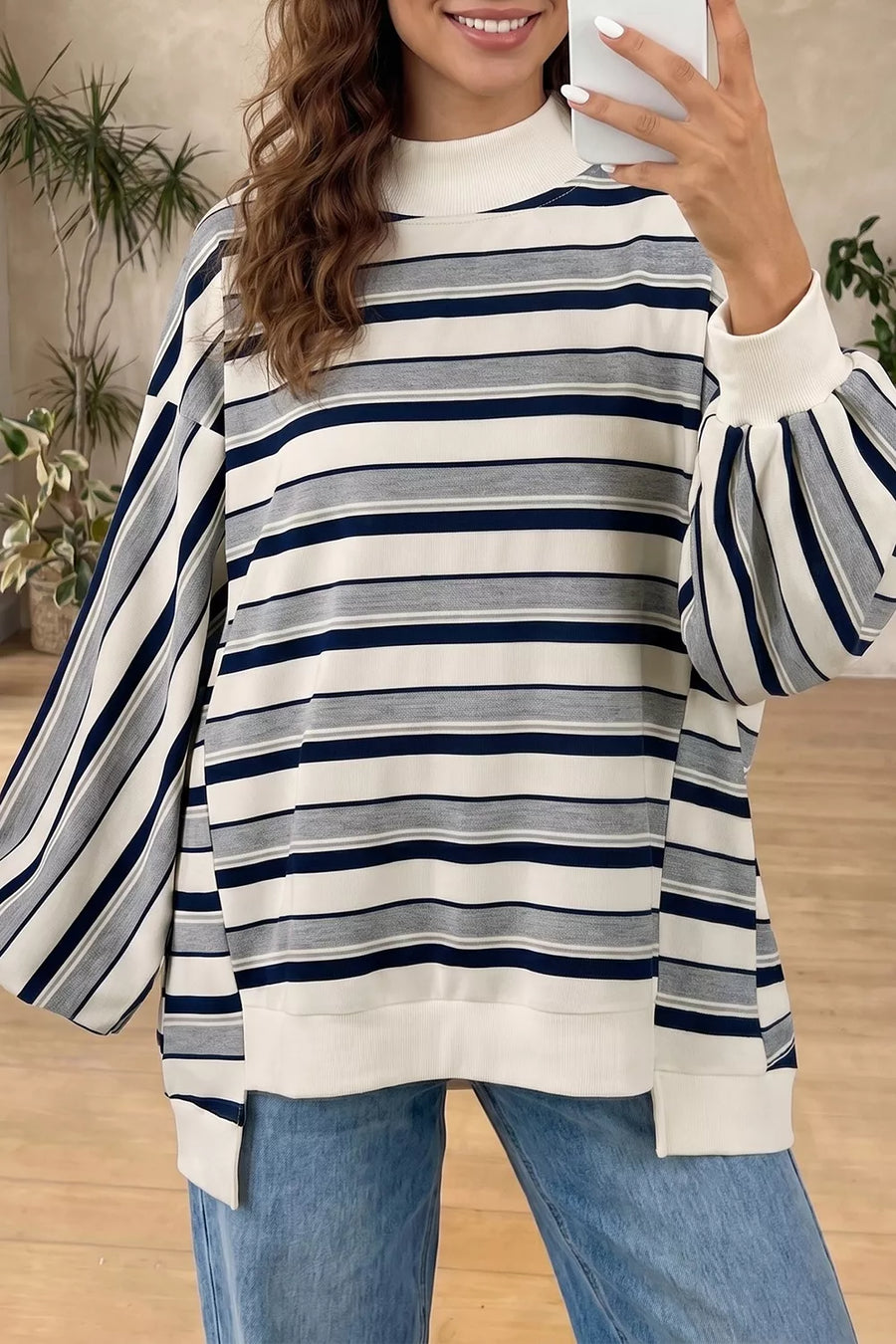 Striped Ribbed Stand-Neck Sweatshirt