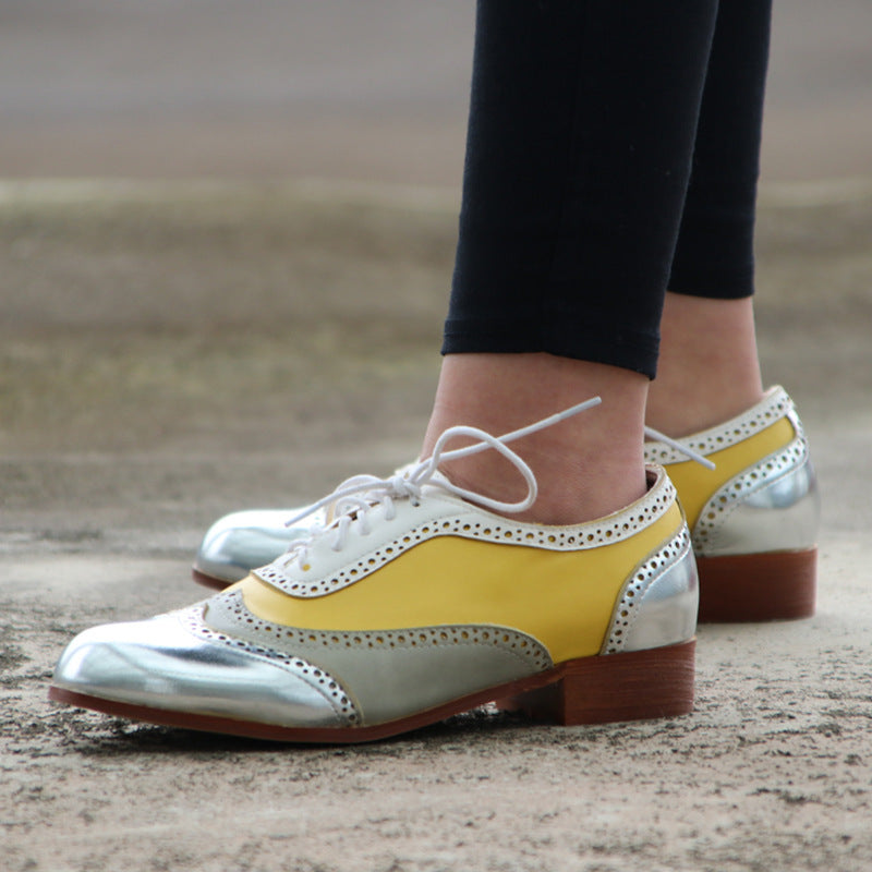 Women's Yellow Lace-Up Block Heel Pumps - Round Toe Low Heel Dress Shoes
