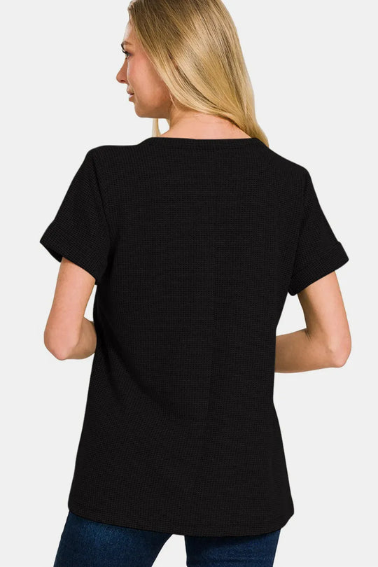 Another view: Notched Short Sleeve Waffle T-Shirt — Black