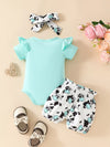 Clover Club Ruffled Cow Bodysuit and Shorts Set with Headband — product view 2