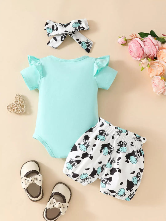 Another view: Clover Club Ruffled Cow Bodysuit and Shorts Set with Headband
