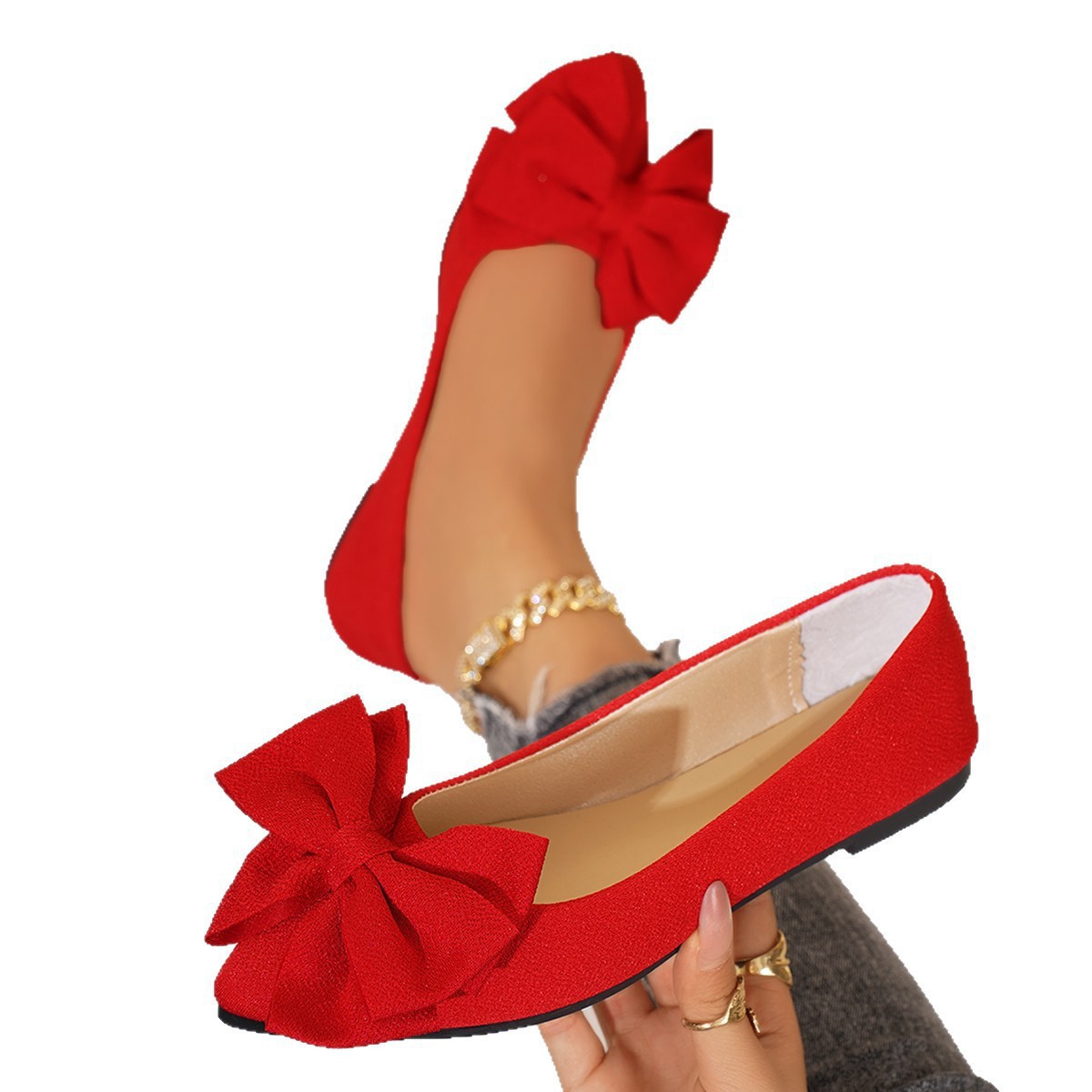 Women's Plus-Size Bow-Tie Slip-On Loafer Shoes | Pointed Toe, Low Heel, Cotton Upper