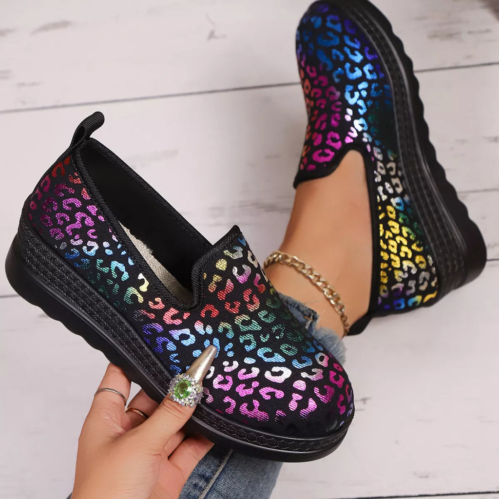 Women's Leopard Print Wedge Slip-On Shoes – Round Toe Low Heel Comfort Mules