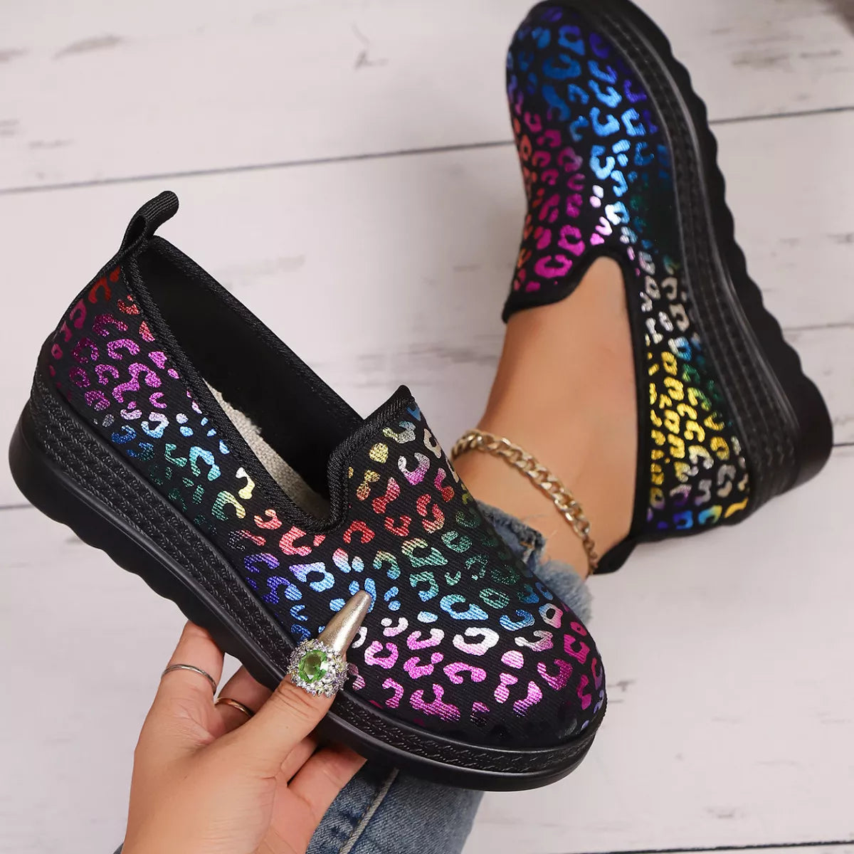 Women's Leopard Print Wedge Slip-On Shoes – Round Toe Low Heel Comfort Mules
