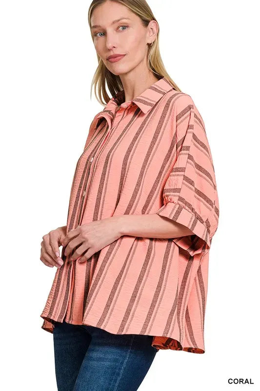 Another view: Woven Yarn-Dye Stripe Oversized Button Down Shirt — CORAL