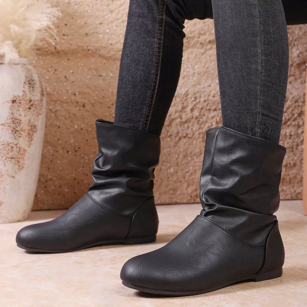 Women's Flat Ankle Boots – Wrinkled PU Leather Side Zipper | Black & Brown