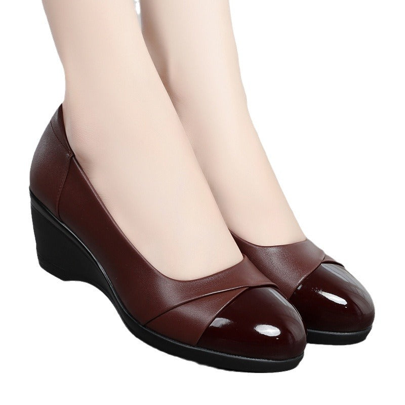 Women's Leather Wedge Comfort Shoes - Soft Pigskin Lined Mid Heel Slip-On Shoes