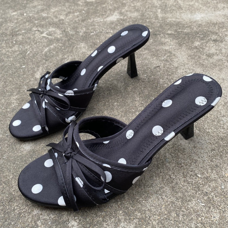 Women's Polka-Dot Bow-Knot Slippers - Elegant Satin High Heel Slip-On Shoes