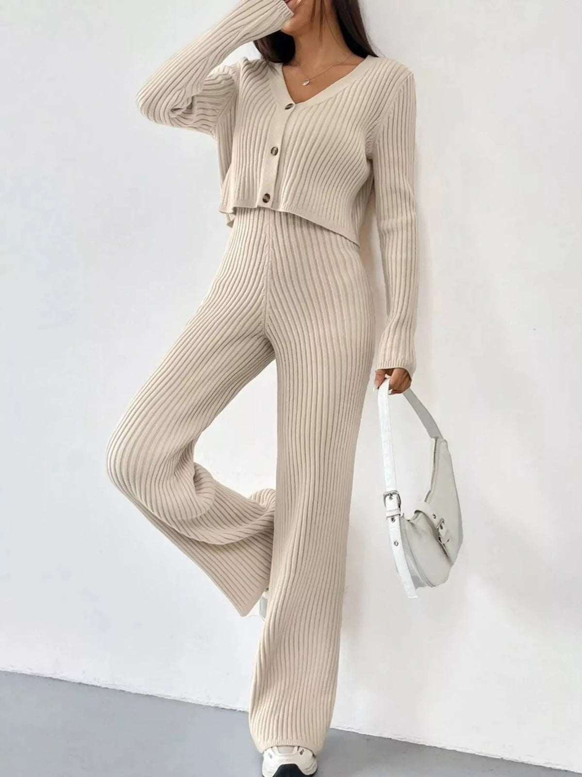 Ribbed-Knit Button-Up Top & Pants Set