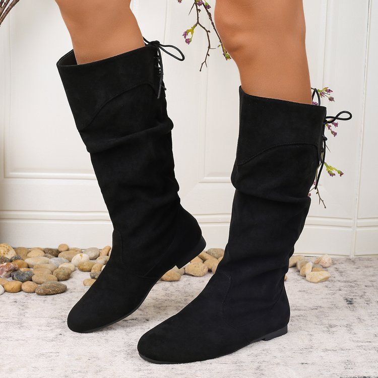 Women's High-Shaft Pleated PU Leather Chunky Heel Boots | Mid-Calf Round Toe