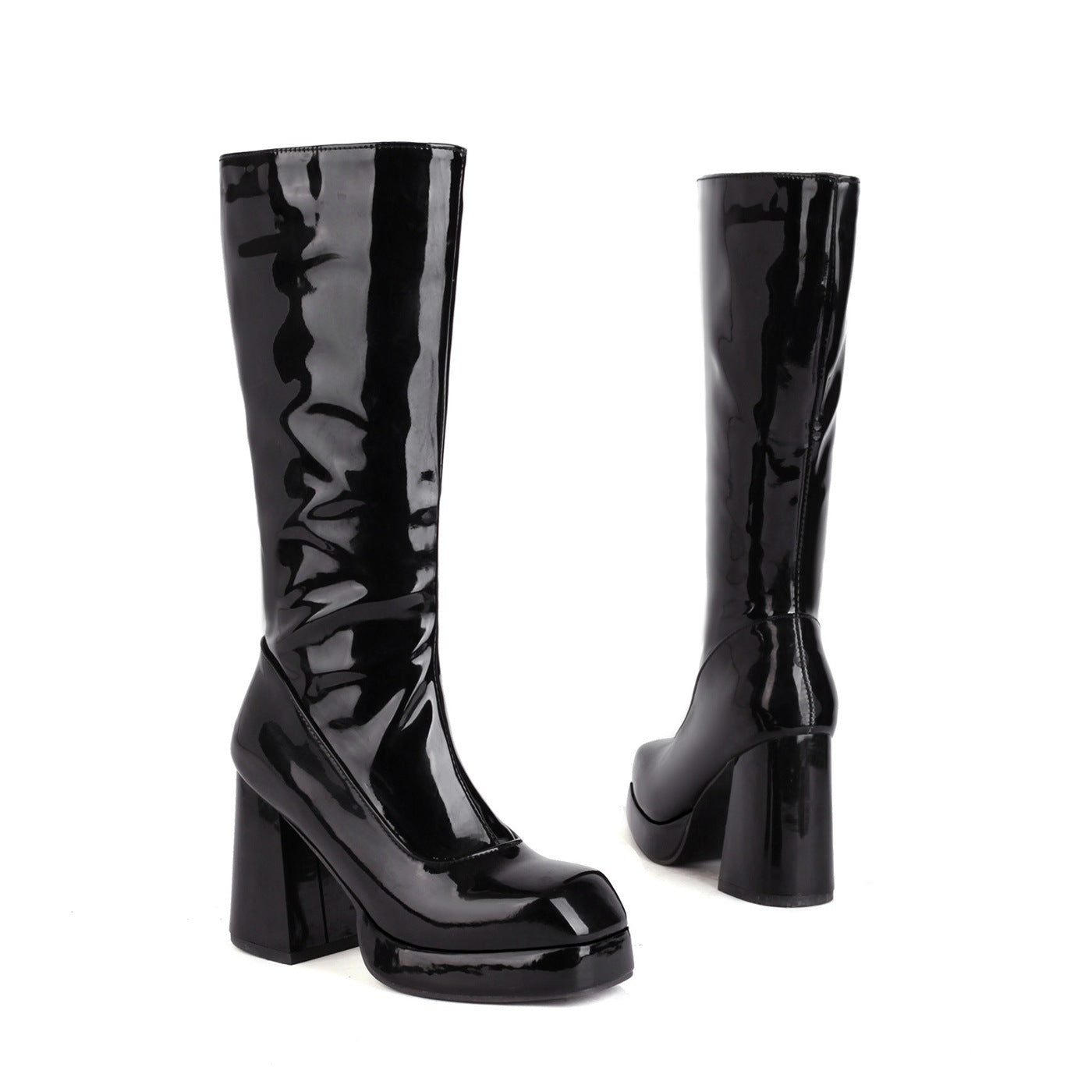 Women's Chunky Heel Mid-Calf Boots | Square Toe Side Zipper High Heel Boots