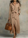 Tie-waist long-sleeve shirt dress.