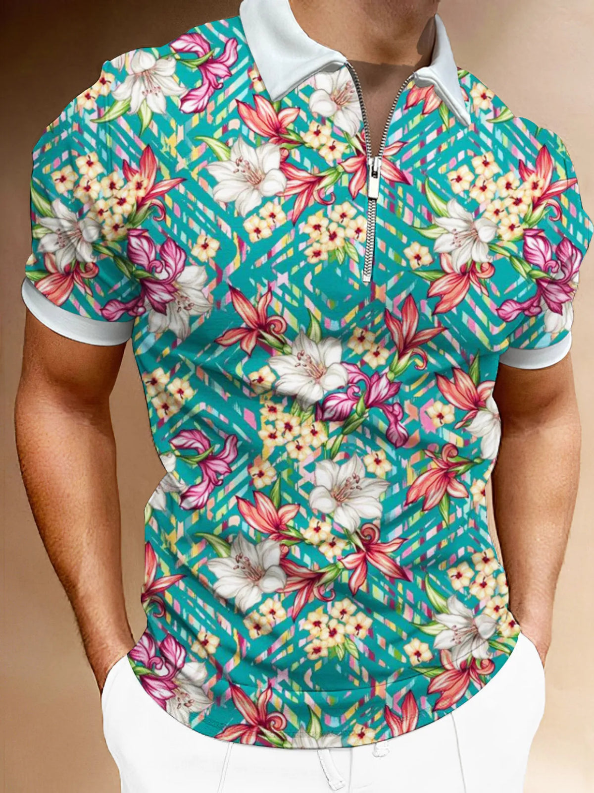 Men's Full Size Floral Print Zip-Up Polo Plus Size