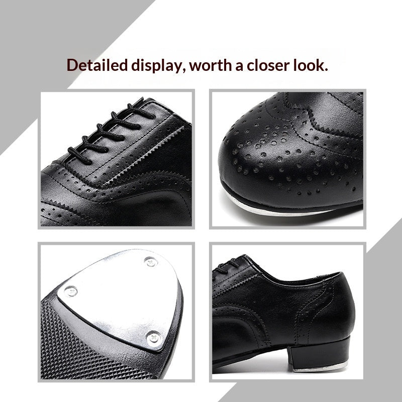 Men's Tap Dance Shoes - Black & White Cowhide Leather Lace-Up Oxford Style