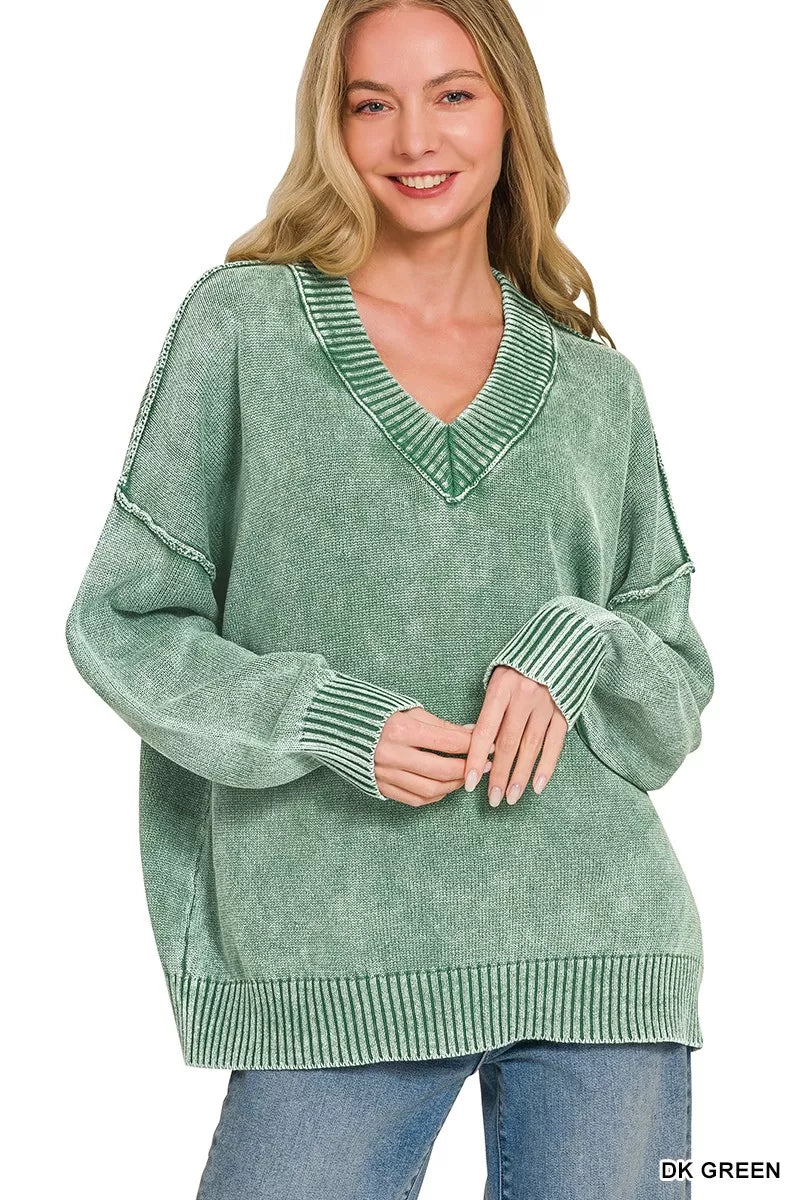 Zenana Washed Deep V-Neck Oversized Sweater — Dark Green