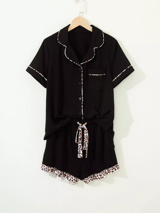 Another view: k Leopard Patchwork Trim Lapel Shirt Drawstring Shorts 2pcs Pajama Set