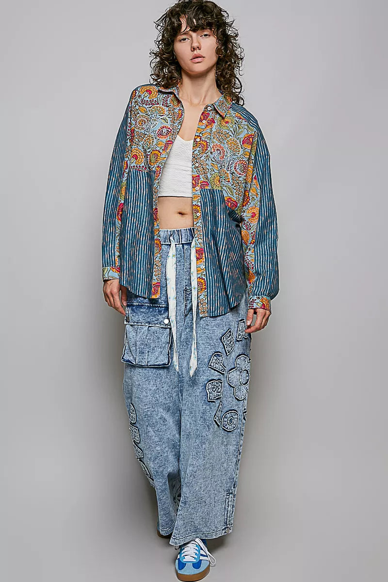 POL Mixed-Print Patchwork Long-Sleeve Shirt