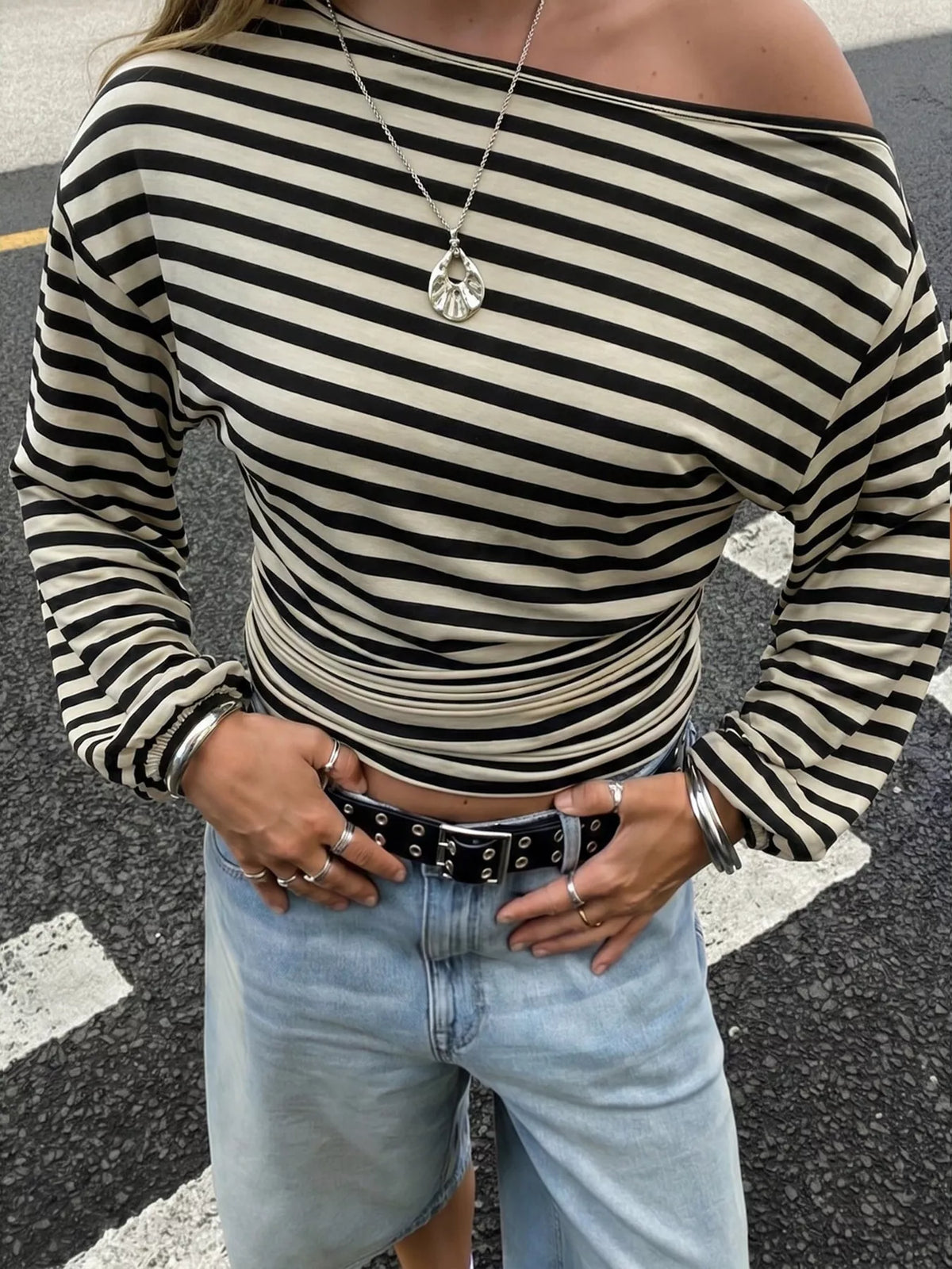One-Shoulder Striped Long-Sleeve T-Shirt
