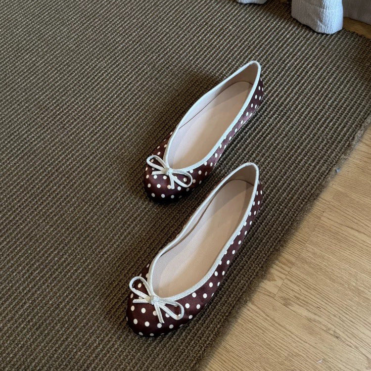 Women's Polka-Dot Bowtie Flat Shoes - Satin Round Toe Slip-On Flats