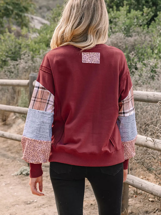 Another view: Plaid Colorblock Raw-Seam Sweatshirt — Burgundy