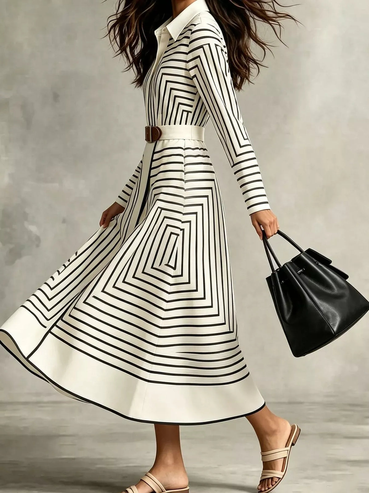Geometric Stripe Belted Midi Shirt Dress — photo 4
