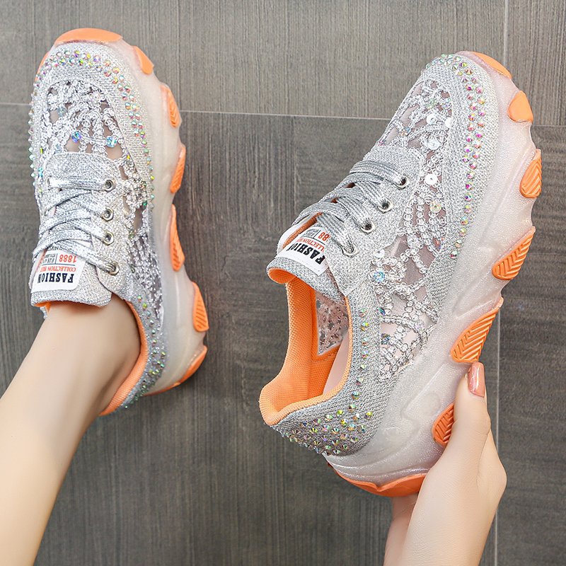 Women's Rhinestone Mesh Dad Sneakers | Chunky Sole Lace-Up Casual Shoes