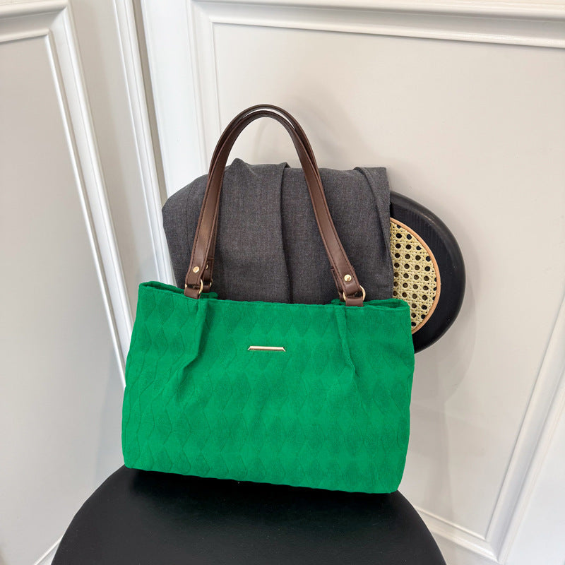 Women's Quilted Fabric Tote Bag – Minimalist Shoulder Bag with Diamond Pattern | Black, Beige, Khaki, Green