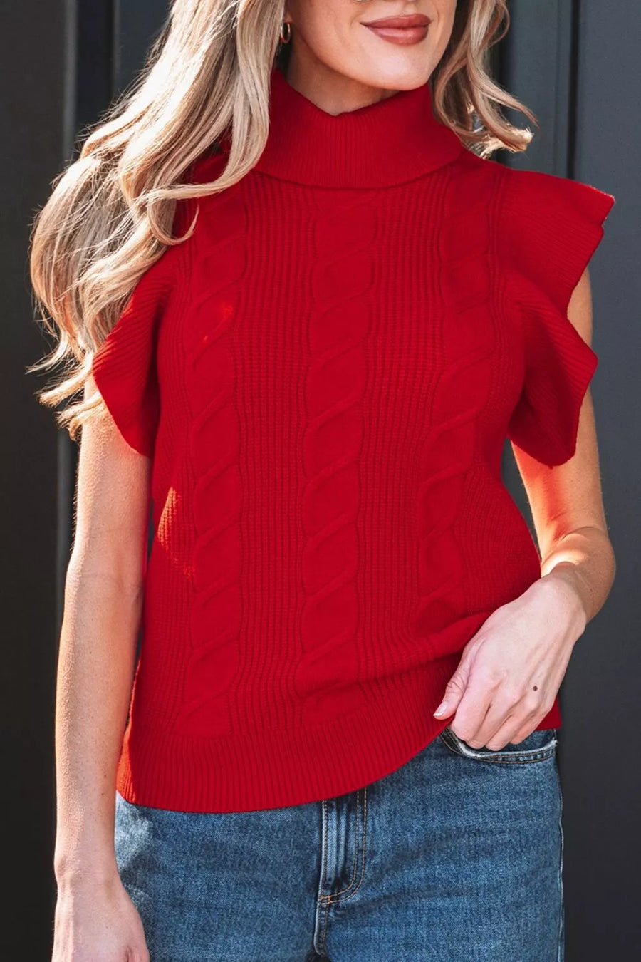 Cable Knit Turtleneck Ruffled Short-Sleeve Sweater