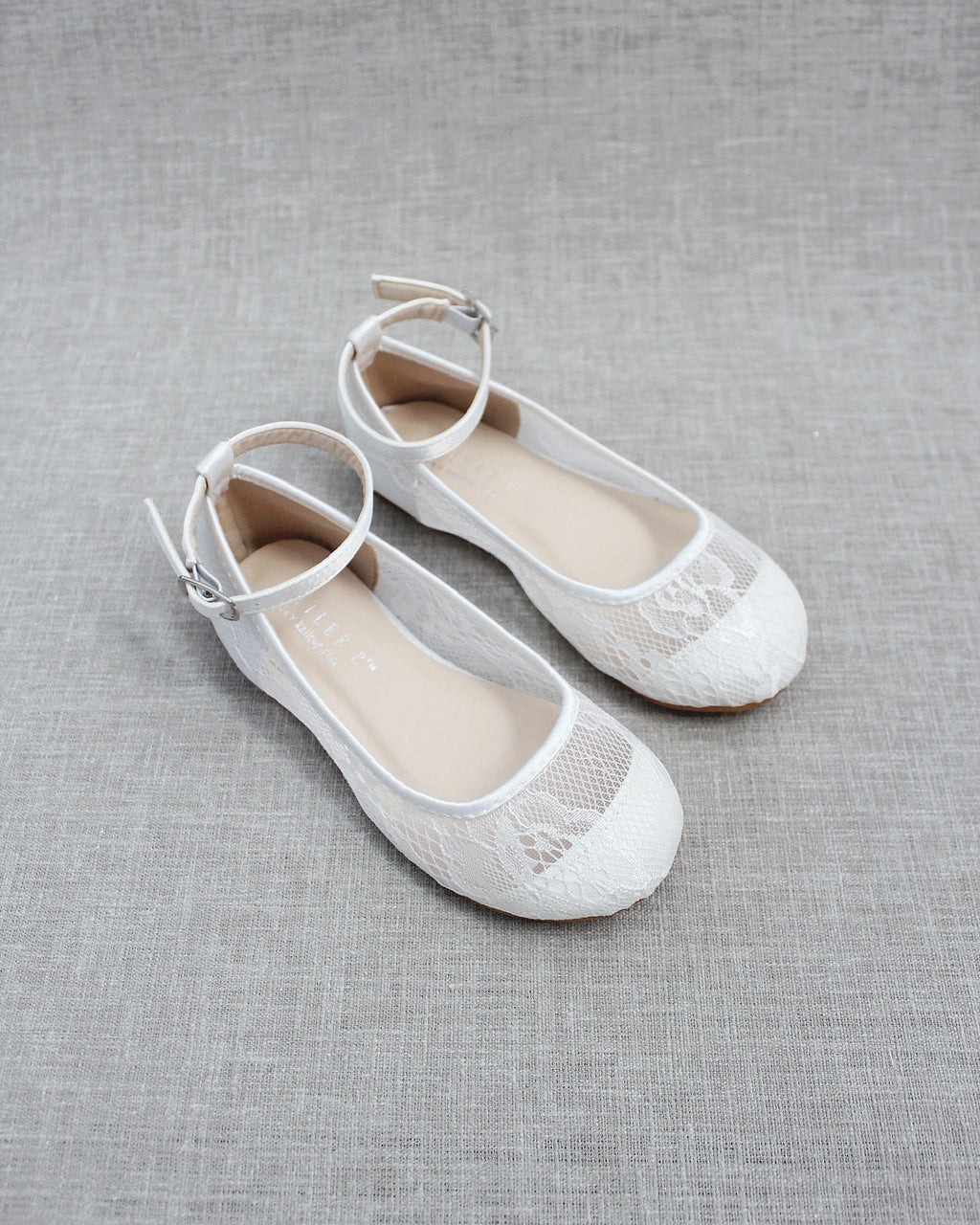 White New Lace Ballet Flats with Ankle Strap