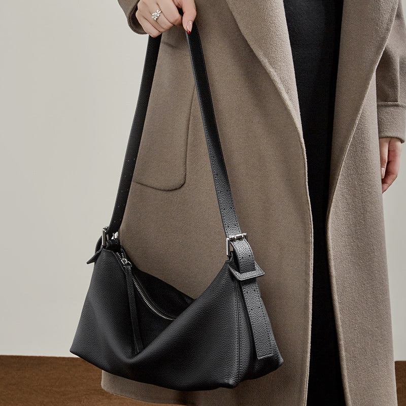 Vegetable-Tanned Genuine Leather Hobo Bag - Belt-Attachable Crossbody Shoulder Bag
