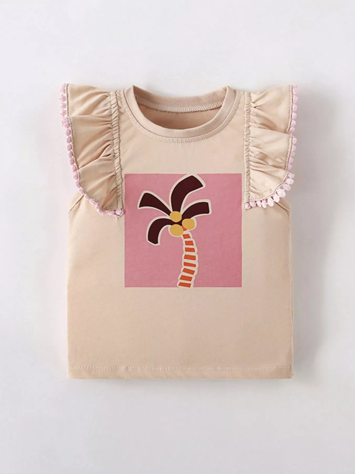 Palm Tree Ruffle-Trim Cotton-Blend T-Shirt — Tan