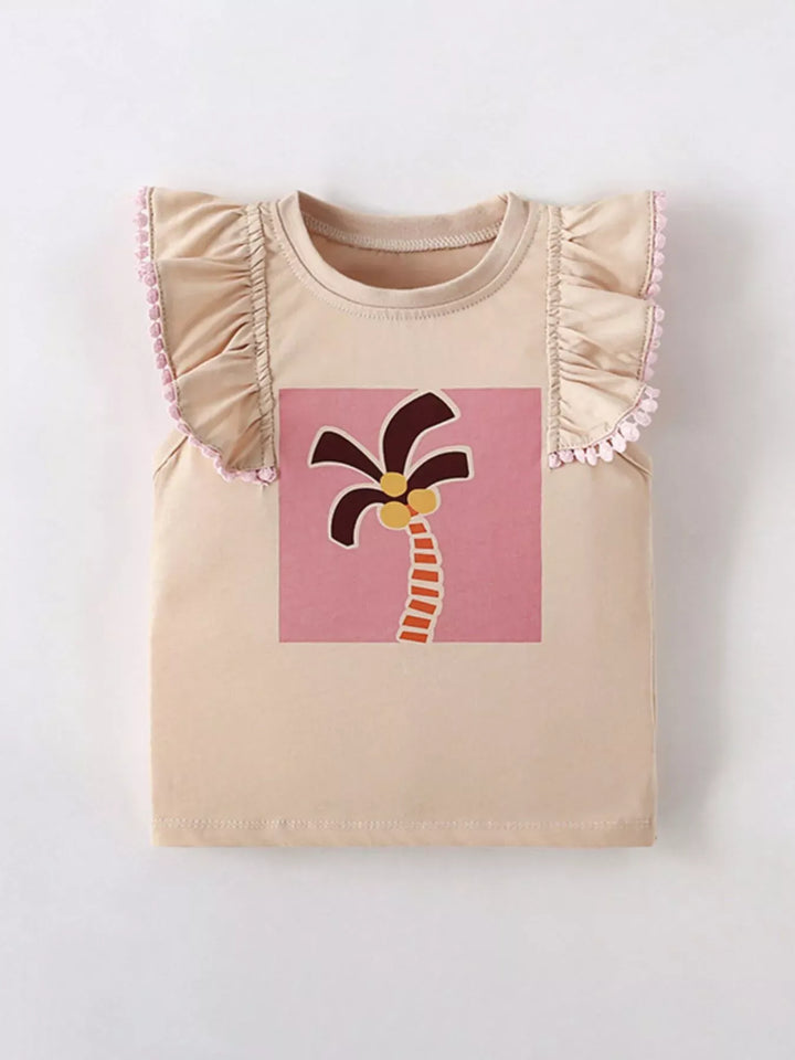 Palm Tree Ruffle-Trim Cotton-Blend T-Shirt — Tan