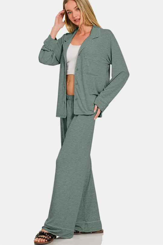 Another view: Button Down Long Sleeve Top and Pants Lounge Set — Sage