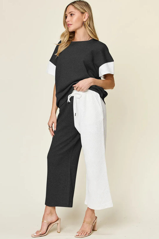 Another view: Textured Contrast T-Shirt & Wide-Leg Pants Set — Full Size