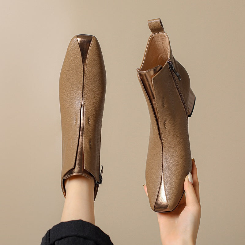 Women's Retro Square-Toe Sheepskin Ankle Boots | Chunky Heel Side-Zip