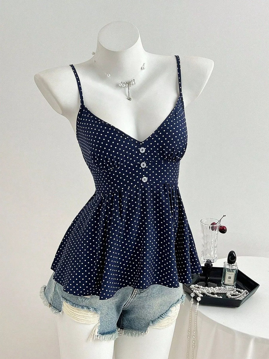 Polka-Dot Peplum Cami — Navy