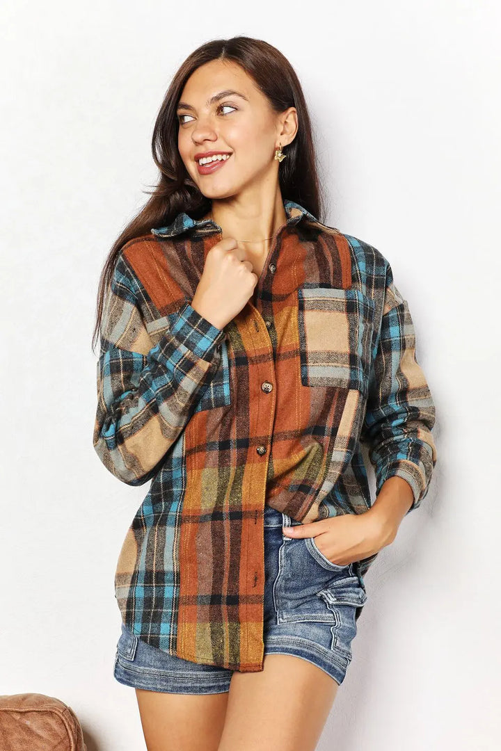 Plaid Curved-Hem Shirt Jacket